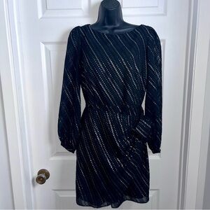 Le Chateau Dress Sparkly Black Gold Tie XS Women long sleeve mesh cocktail party